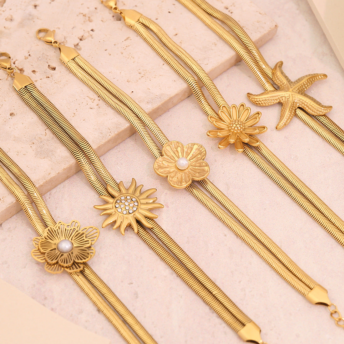 Individualistic Floral Design Stainless Steel Plated Snake Chain Bracelet for Women