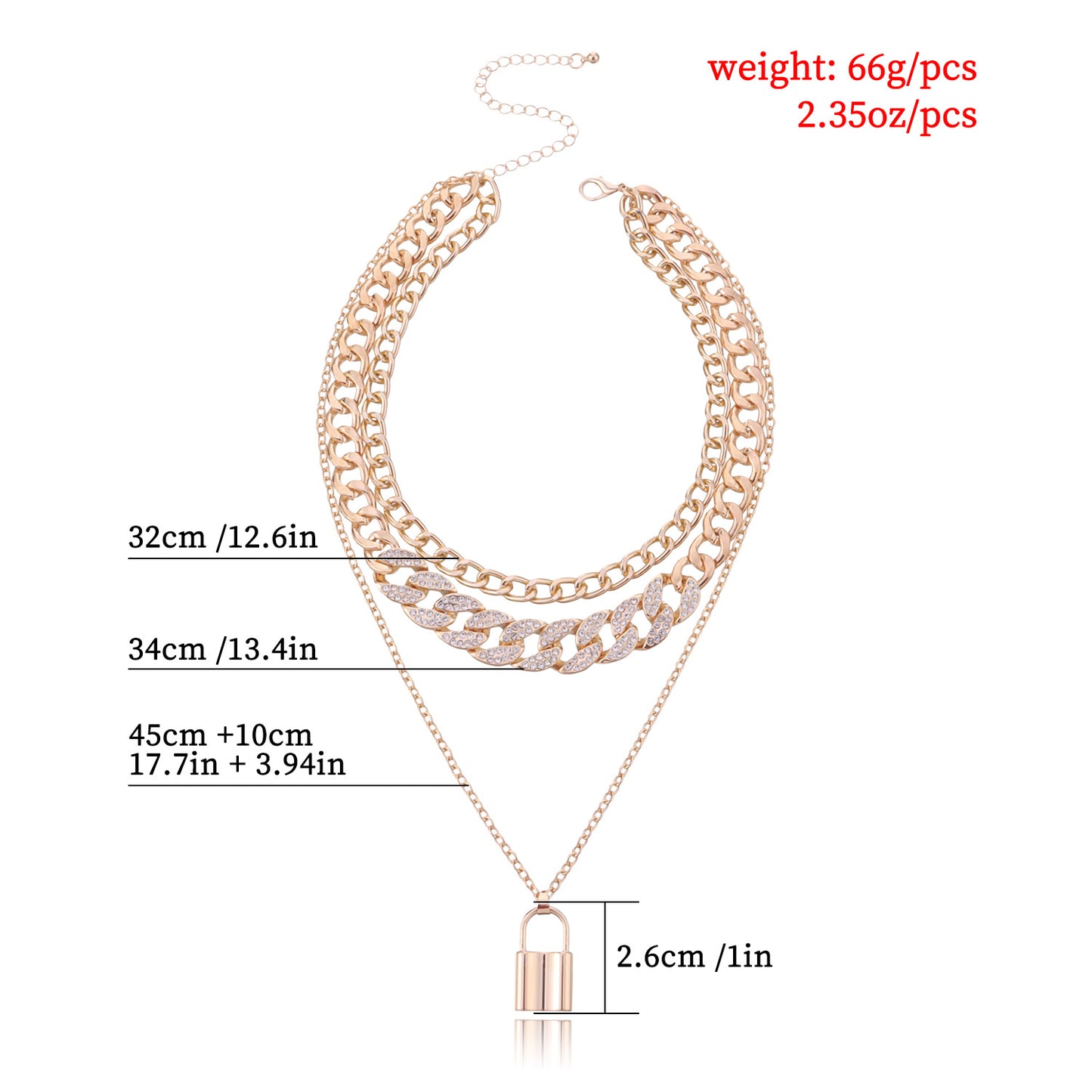 Geometric Alloy Lock Pendant Necklace for Women, Multi-Layer Rhinestone-Embedded Chain Jewelry, Elegant and Versatile
