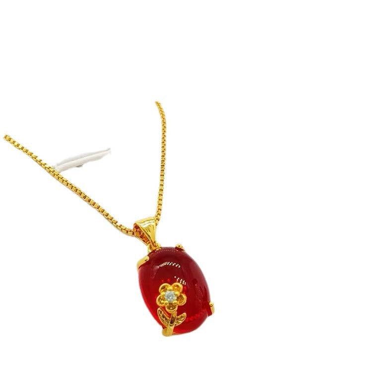 Elegant Oval Floral Ruby Pendant Necklace in Titanium Steel with O-Chain for Unisex Wear