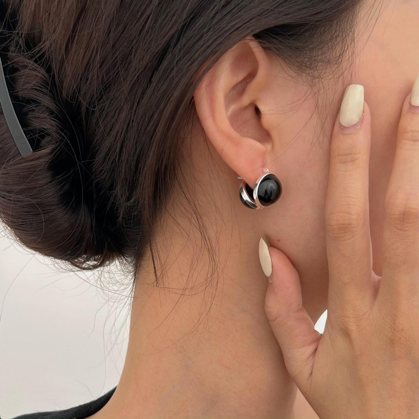 Minimalist Geometric Black Onyx Earrings in 925 Sterling Silver with Gold Plating