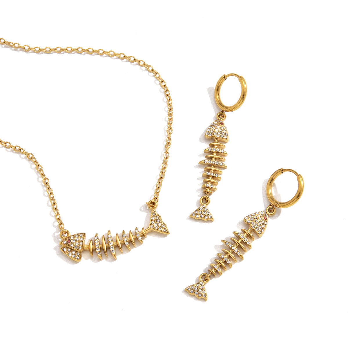Minimalist Titanium Steel Fish Bone Pendant Necklace and Earring Set Gold Plated Stainless Steel Jewelry for Women