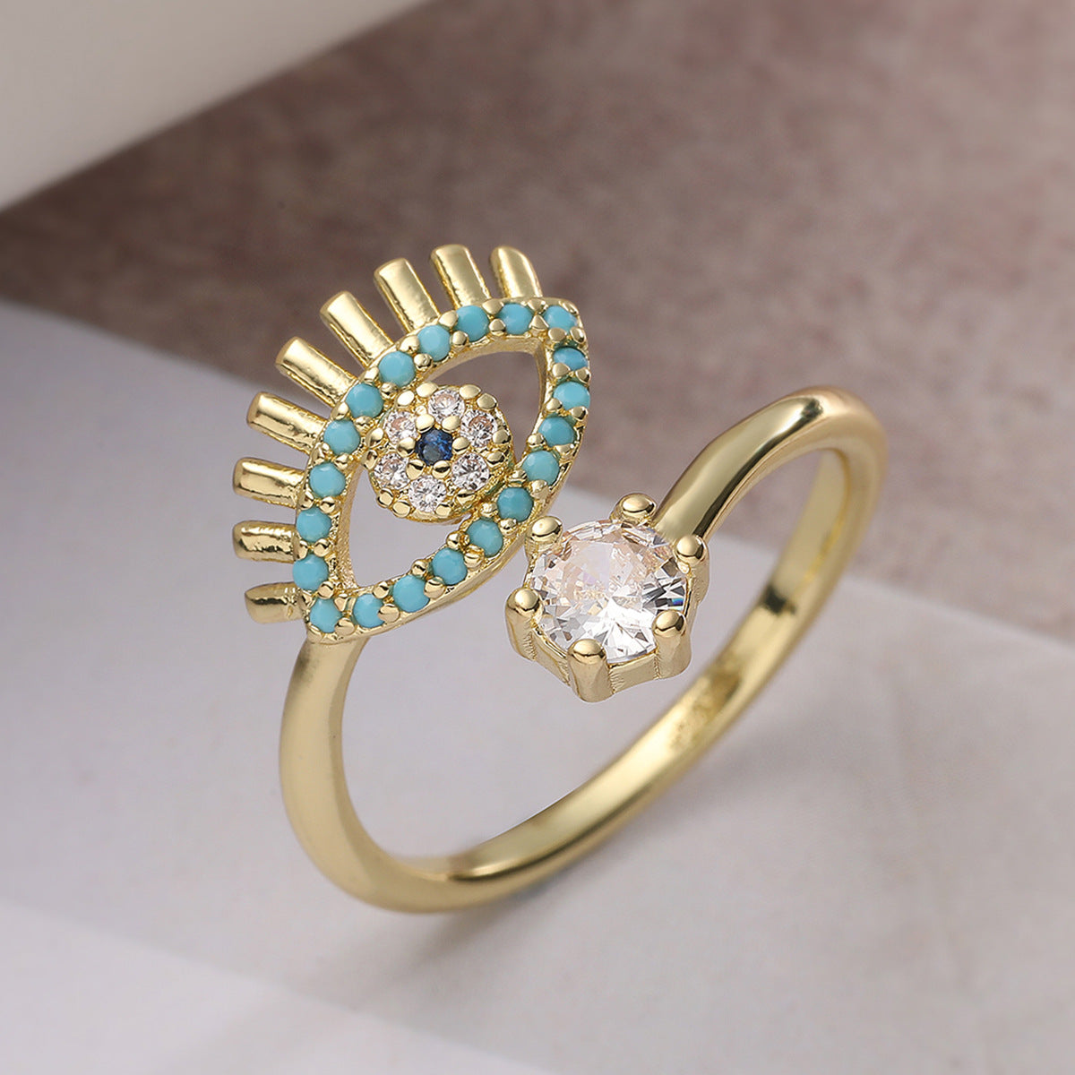 Minimalist 18K Gold Plated Brass Geometric Micro-inlay Cubic Zirconia Evil Eye Ring for Women