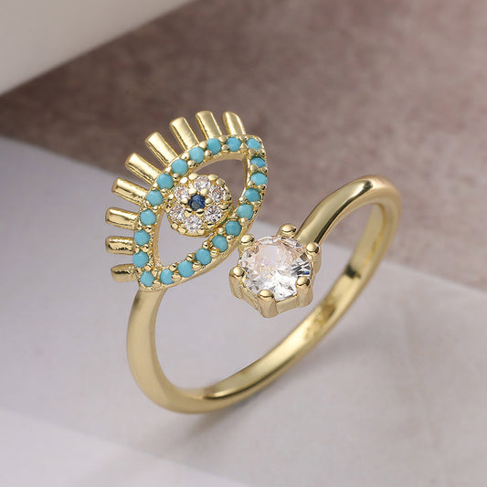 Minimalist 18K Gold Plated Brass Geometric Micro-inlay Cubic Zirconia Evil Eye Ring for Women
