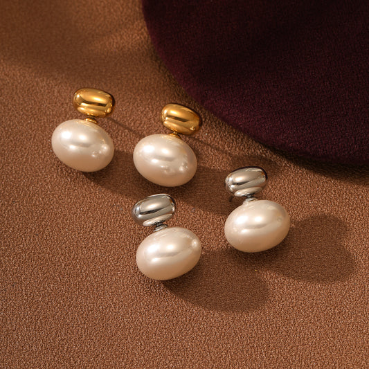 Vintage Oval Pearl Titanium Steel Earrings for Women with Plated Finish Minimalist Luxury Design