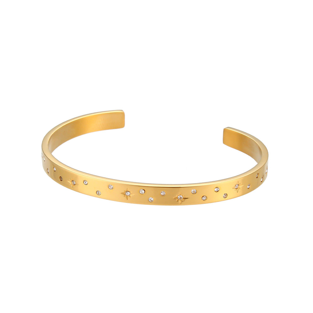 Bracciale minimalista da donna in acciaio al titanio con forma a ottagramma e intarsio in zircone rotondo, polsino in acciaio inossidabile elettroplaccato