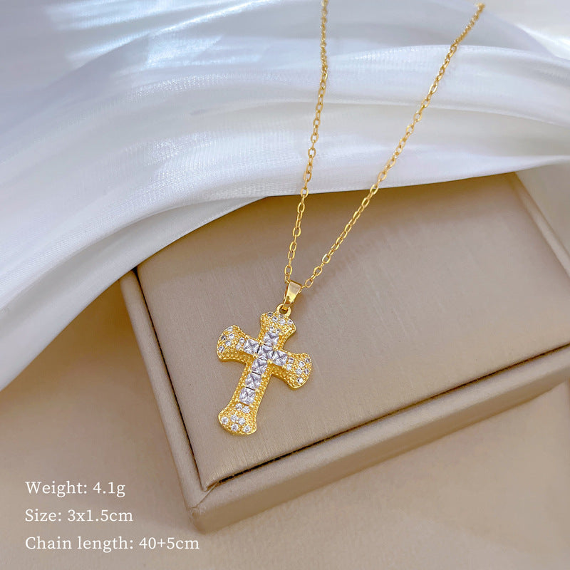 Luxury Titanium Steel Cross Pendant Necklace with Zircon Inlay for Women and Men Collar Chain