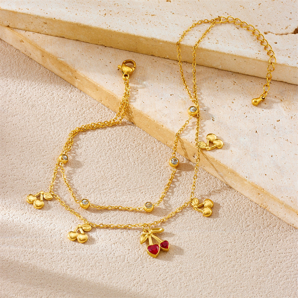 Sweet Heart Rhinestone Cherry Gold Plated Stainless Steel Double Layer Anklet for Women