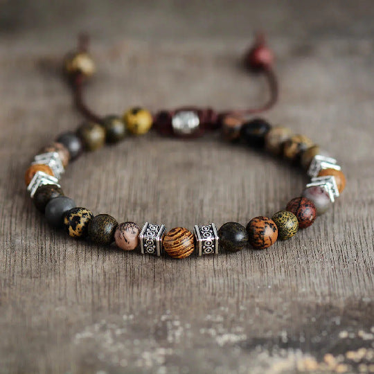 Ethnic Natural Agate Round Beaded Bracelet Unisex Handmade Adjustable Geometric Strand