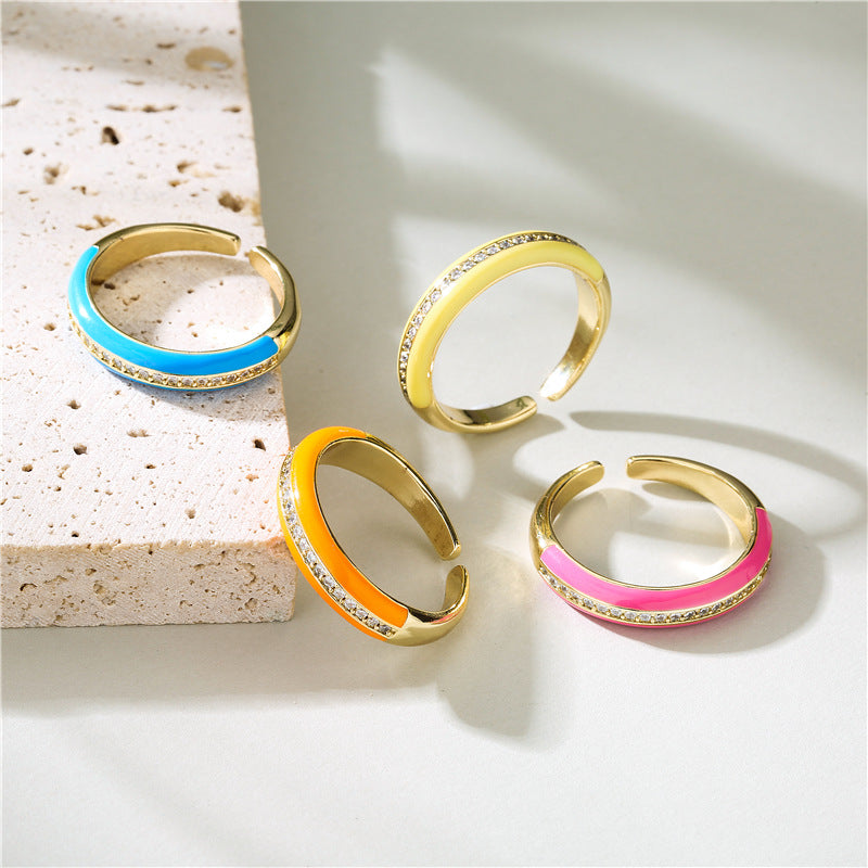 Minimalist Geometric Brass Micro-pave Cubic Zirconia Drip Oil Open Ring for Women