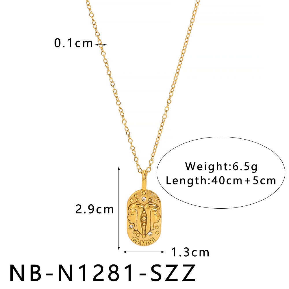 Minimalist Square Zodiac Pendant Necklace in Stainless Steel with Rhinestone Inlay and 18K Vacuum Plating for Women