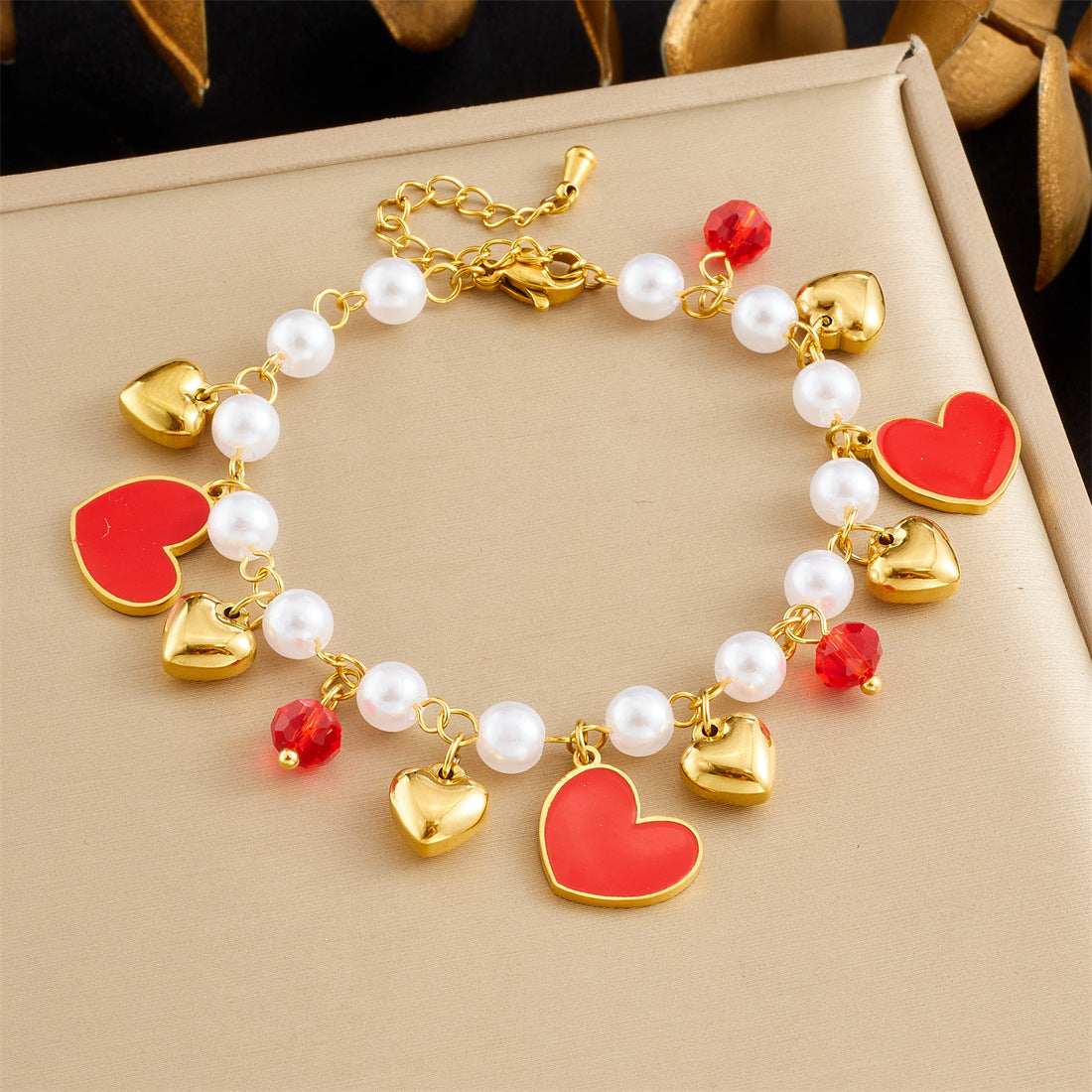 Sweet Gold Plated Drip Oil Fruit Pearl Bracelet with Strawberry Cherry Watermelon Charms