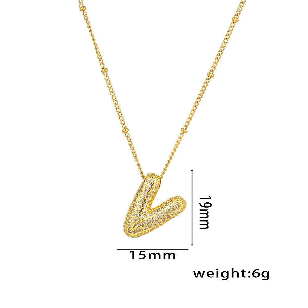 Collana con ciondolo a lettera in zirconi micro-pavé placcato oro 18 carati, catena di perline in acciaio inossidabile/acciaio al titanio, gioielli unisex alla moda per pendolari