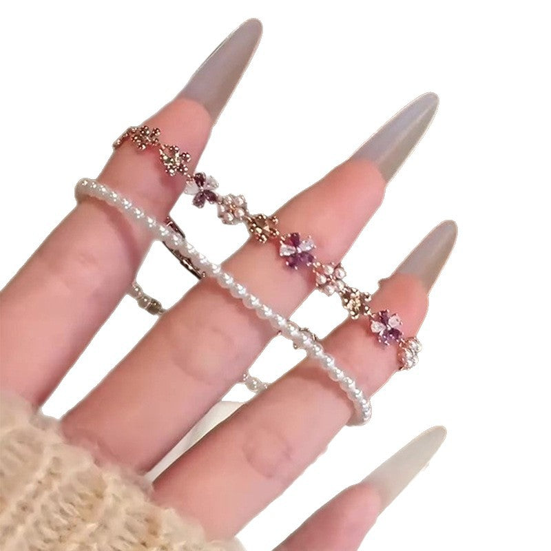 Minimalist Luxury Floral Brass Bracelet with Cubic Zirconia and Pearl Inlay for Women