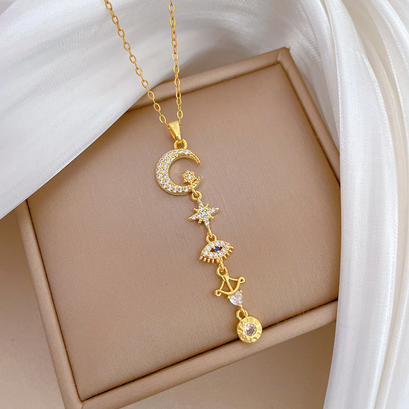 Sweet Elegant Star Moon Geometric Rhinestone Inlay Titanium Steel Necklace with Brass Pendant for Women