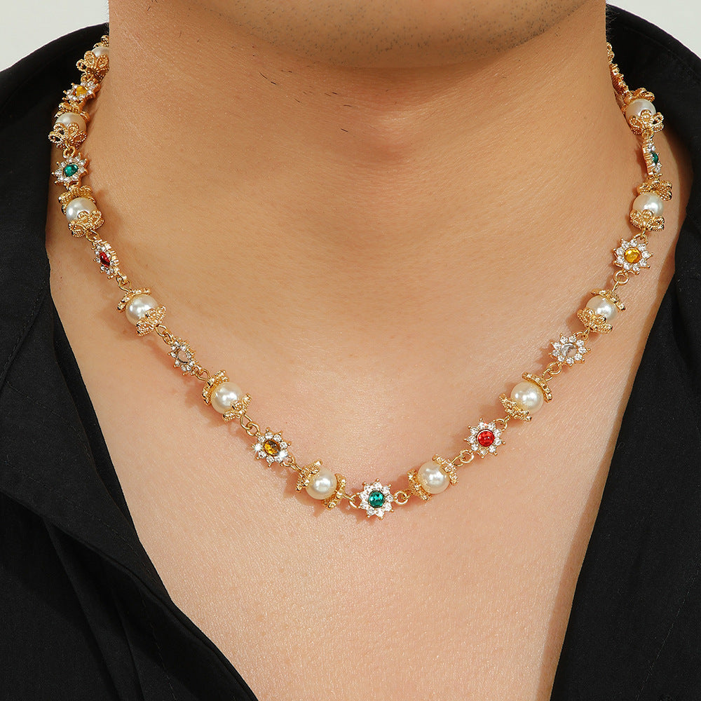 Geometric Floral Alloy Necklace with Imitation Pearl and Rhinestone Inlay on Cable Chain Unisex