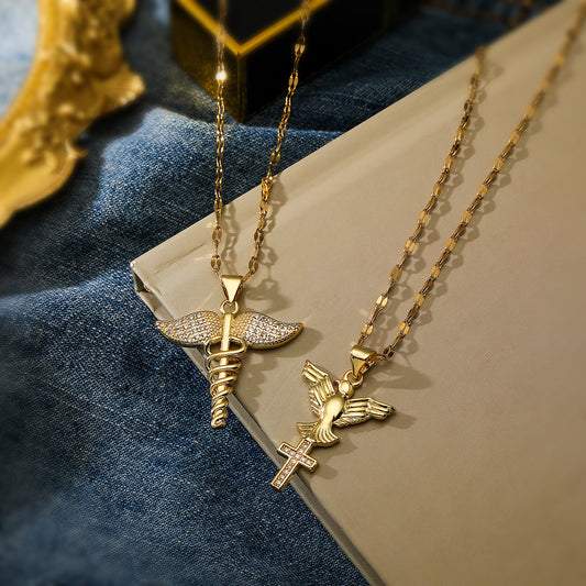 Minimalist Geometric Angel Cross Pendant Necklace for Women with Copper Base and Real Gold Plating Rhinestone Inlay