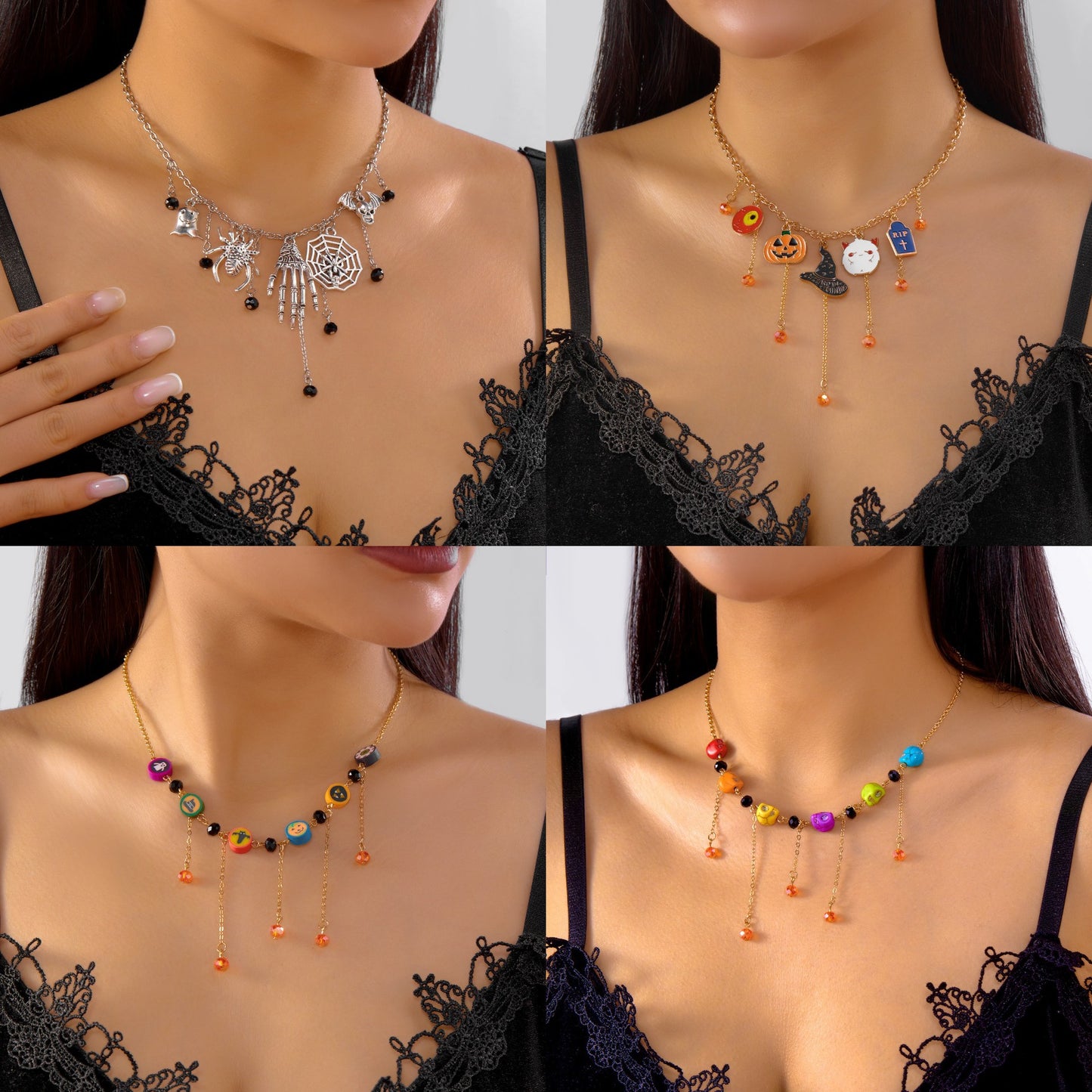Dulce y Atrevido Collar con Colgante de Halloween con Calabaza de Aleación, Fantasma, Sombrero de Bruja, Borla, Calavera, Mano y Araña en Cadena Estándar