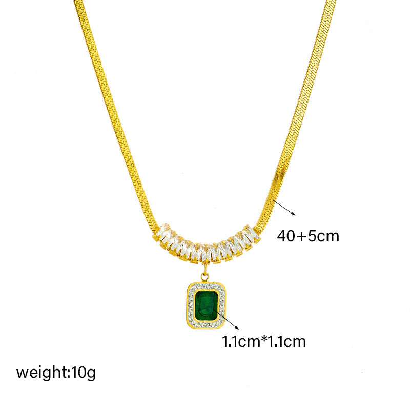 Vintage Minimalist Rhinestone-Set Square Green Crystal Pendant Necklace in Titanium Steel with Snake Chain