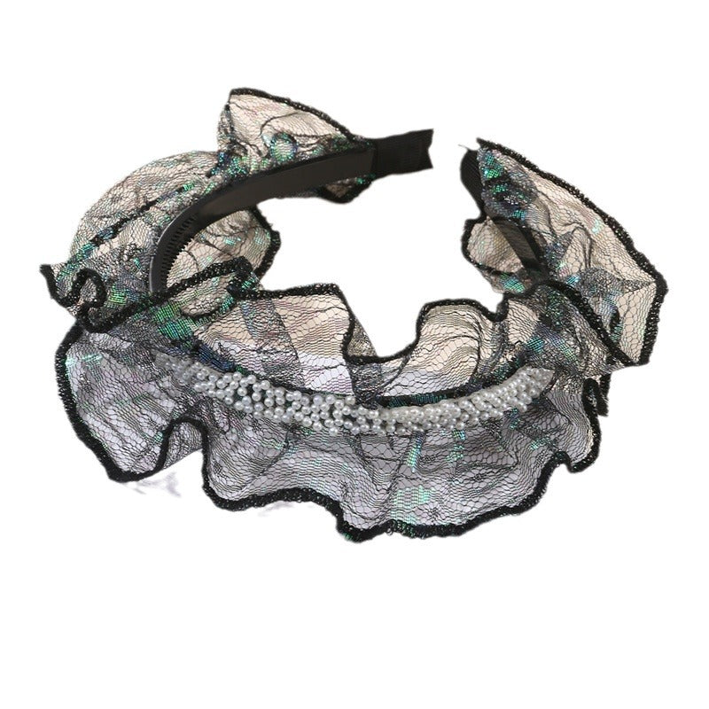 Diadema Vintage de Tul Negro Ondulado para Niñas con Ribete de Encaje y Construcción de Tela Antideslizante