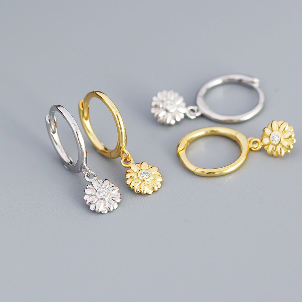 Minimalist Floral-Shaped 925 Sterling Silver Stud Earrings for Women with Rhinestone Inlay