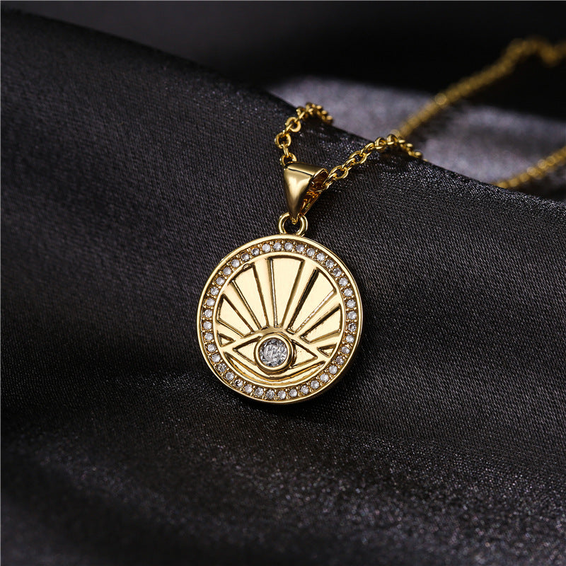 Minimalist Round Geometric Eye Pendant Gold Plated Brass Necklace for Women with Cable Chain