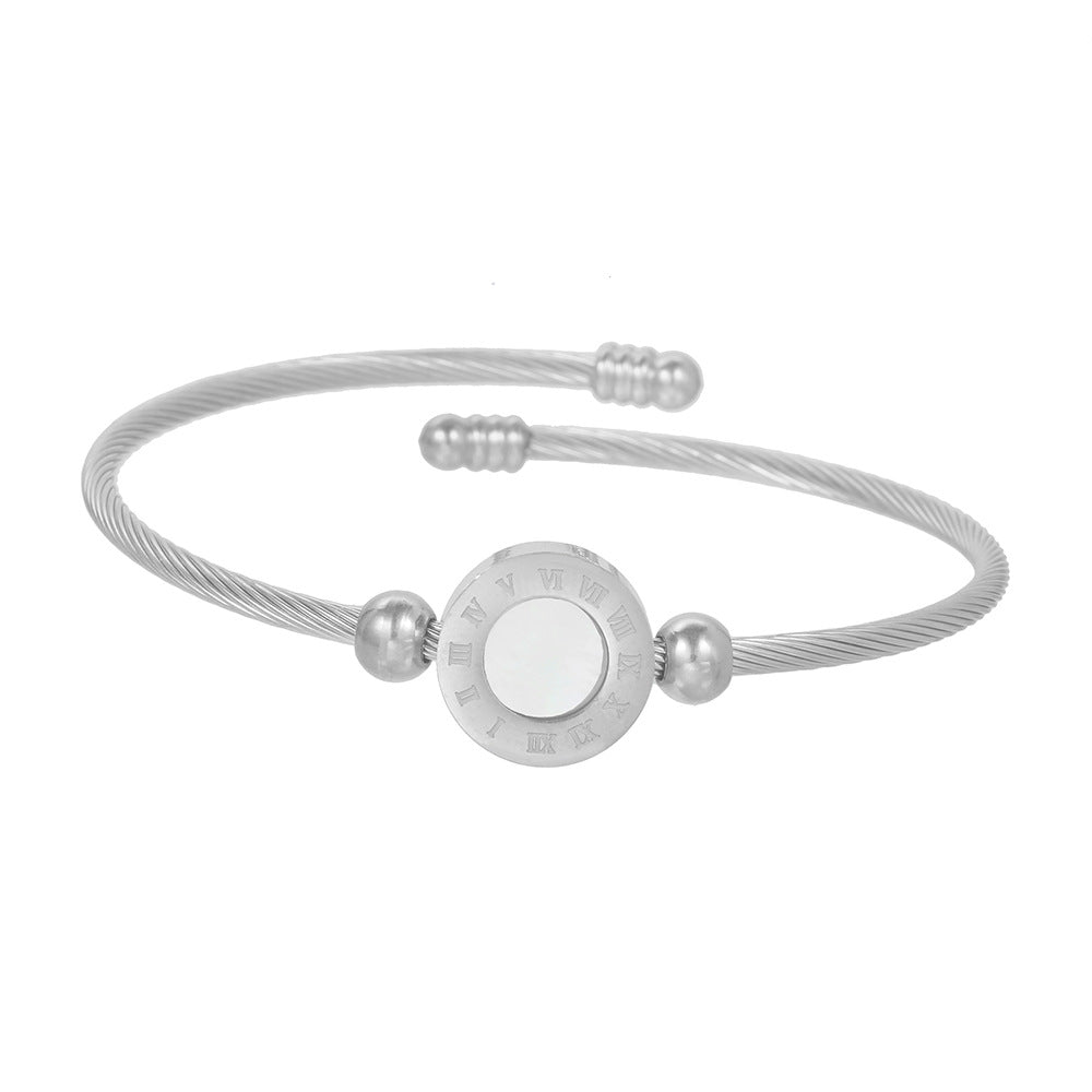 Adjustable Geometric Round Stainless Steel Cuff Bracelet with Shell Inlay
