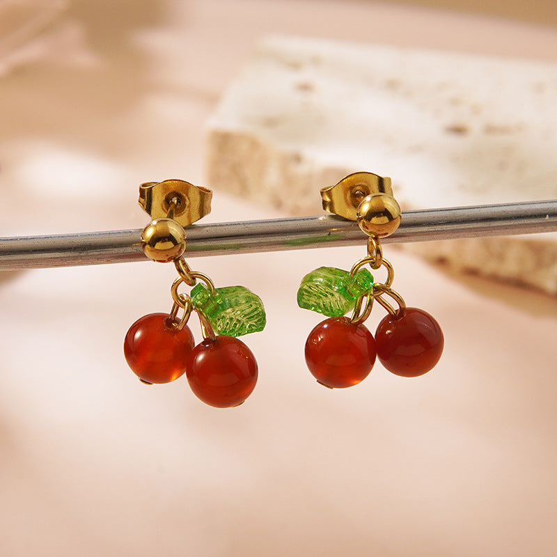 Sweet Minimalist Stainless Steel Cherry Fruit Necklace and Earring Set for Women