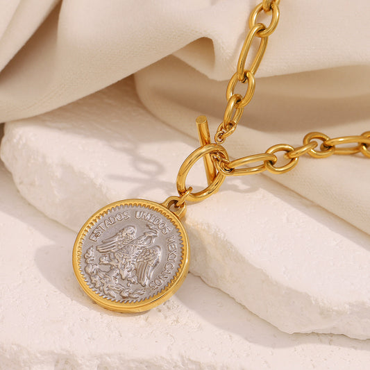 Collana Vintage con Moneta a Forma di Angelo Geometrico da Donna in Acciaio Inossidabile Placcato Oro 18K