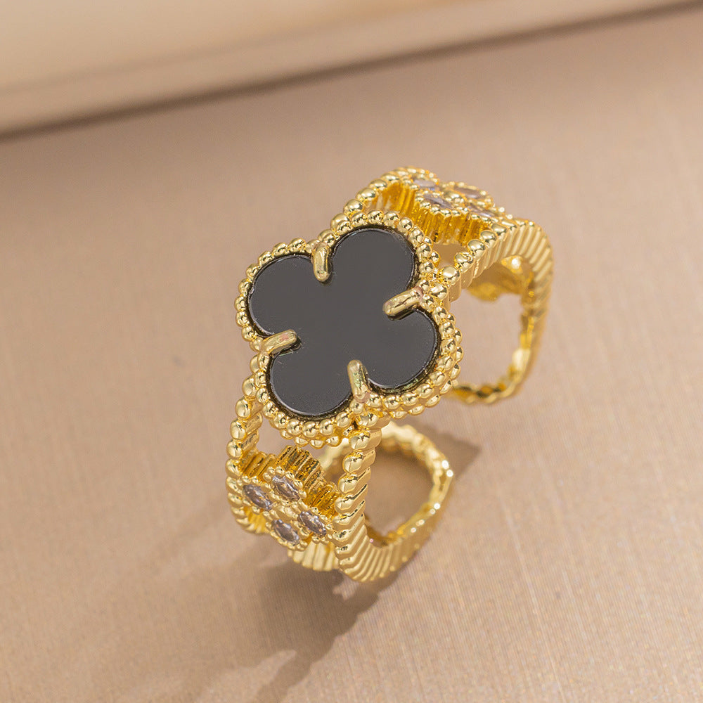 Luxury Minimalist Adjustable Open Ring for Women with Gold-Plated Copper Band and Zircon Stone Accent in Heart and Floral Shape