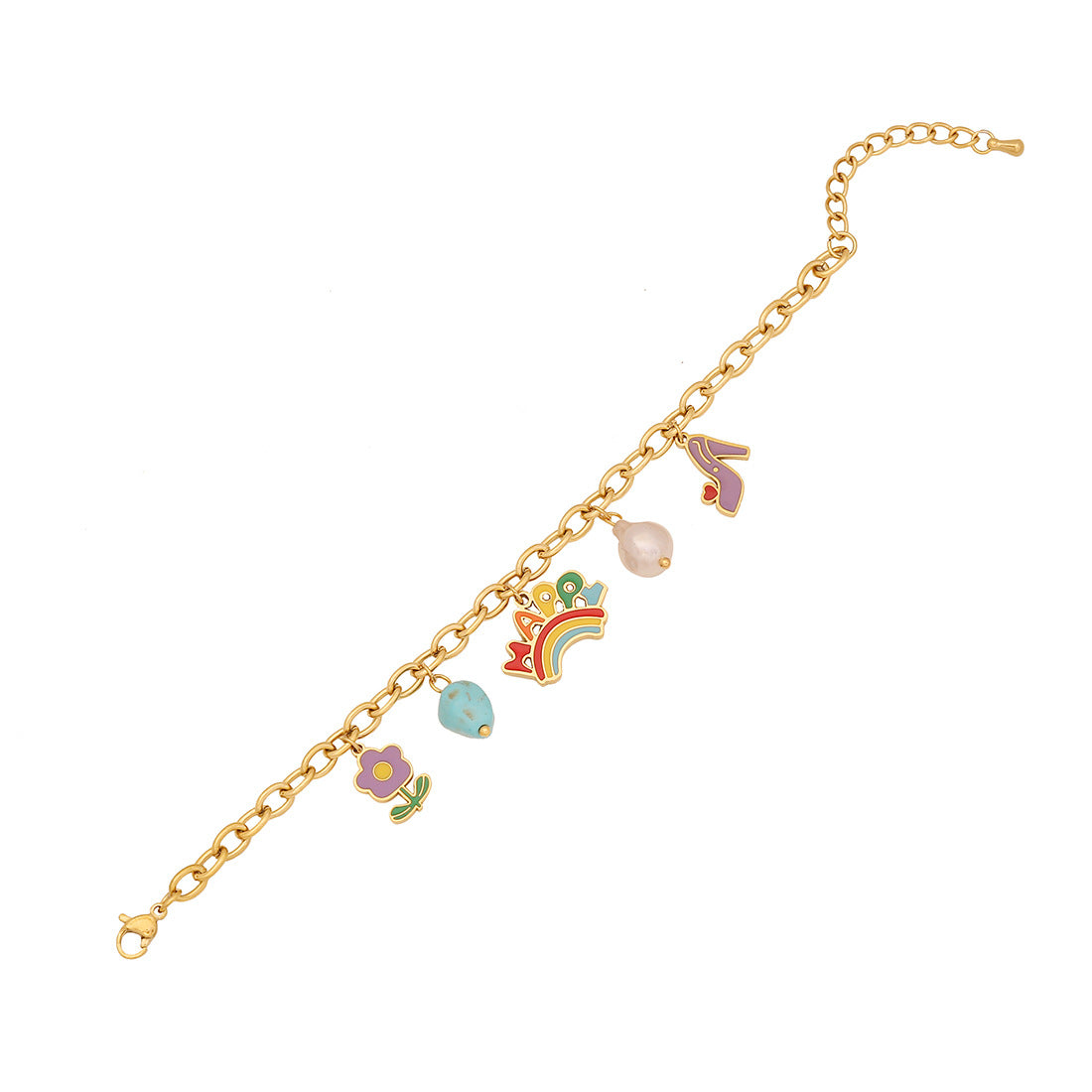 Collana con ciondolo in resina a forma di arcobaleno a cartone animato con accenti floreali turchesi e catena a serpente in acciaio inossidabile da donna