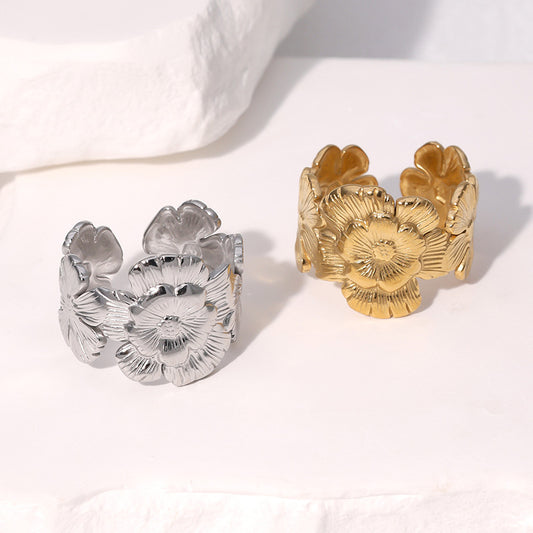 Minimalist Floral Open Ring in Stainless Steel with 18K Gold Plating for Women