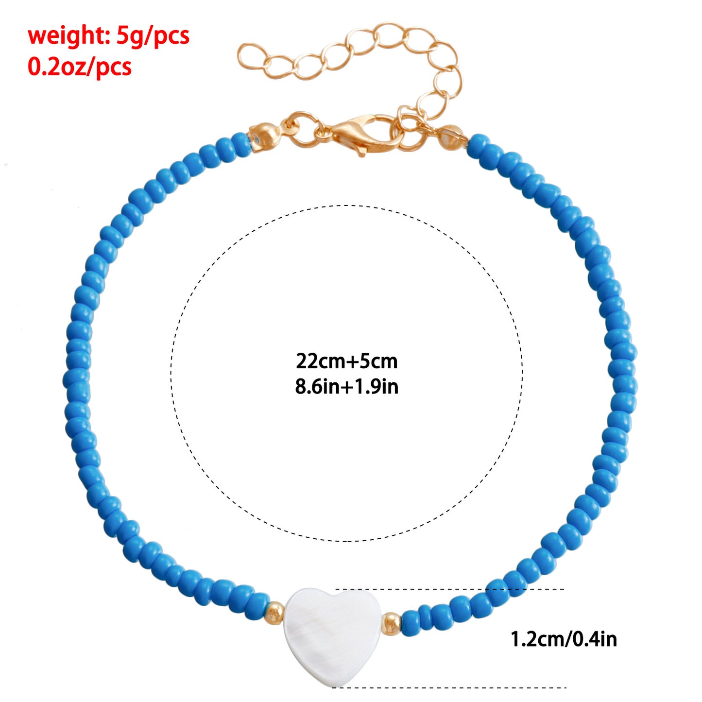 Bohemian Style Adjustable Anklet with Mother-of-Pearl Heart Charm and Colorful Seed Beads on Alloy Chain
