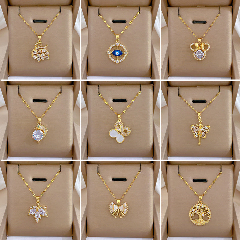 Collar de acero de titanio geométrico minimalista de lujo con incrustaciones de diamantes de imitación para mujer