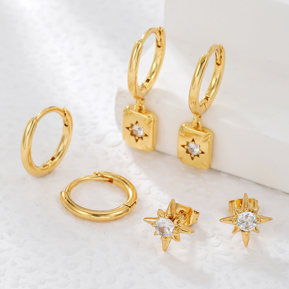 Gold Plated Brass Eight-Pointed Star Geometric Cubic Zirconia Hoop Earrings for Women