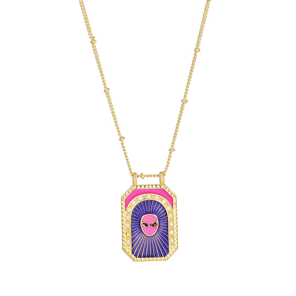 Geometric Gold Plated Brass Drip Oil Cubic Zirconia Inlay Tarot Necklace with Cable Chain