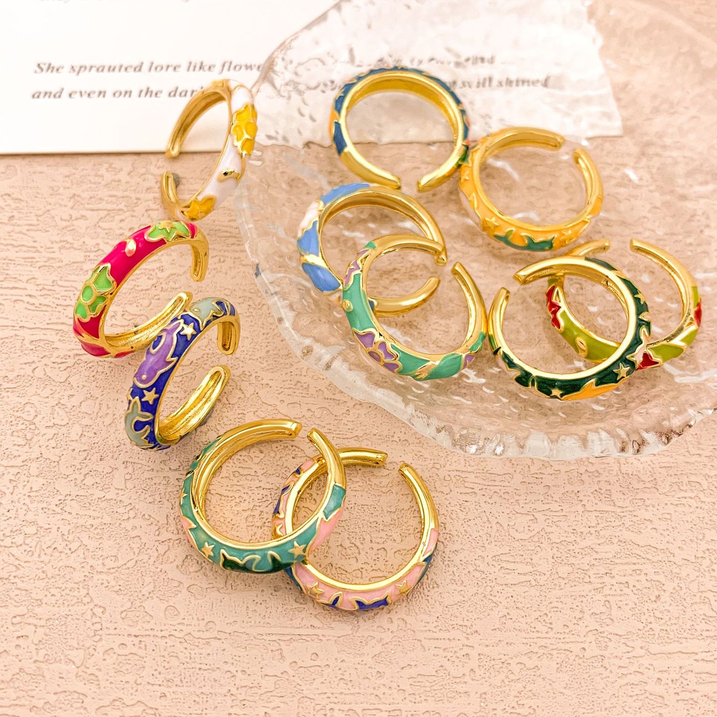Vintage Sweet Floral Enamel Drip Oil Plated Alloy Adjustable Ring for Women
