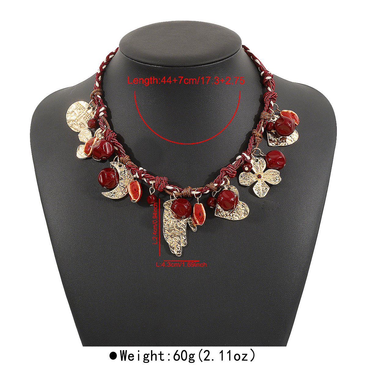 Collana Boema Intrecciata a Mano con Cordino Rosso, Ciondolo Geometrico a Luna, Charm in Lega e Resina, Catena Intrecciata