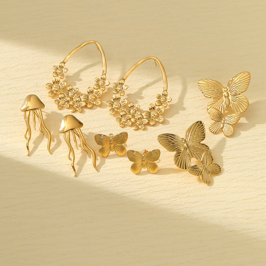 Vintage Floral and Butterfly Shaped Titanium Steel Earrings for Women with Plated Finish, Hypoallergenic and Fade-Resistant