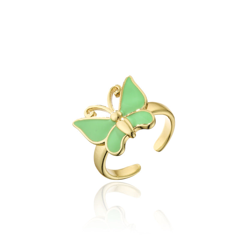 18K Gold Plated Brass Drip Oil Butterfly Open Ring for Women