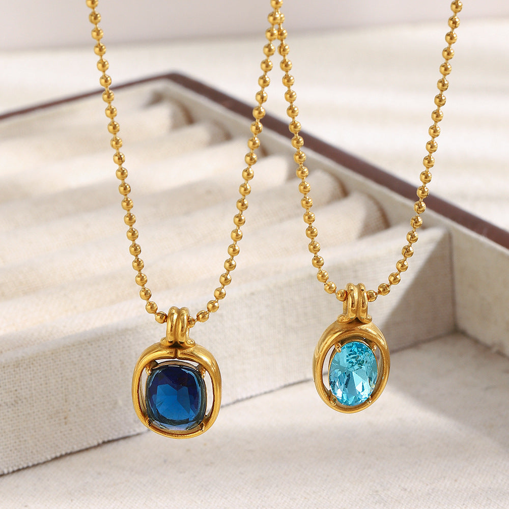 Collana con Ciondolo Geometrico Minimalista da Donna in Acciaio Inossidabile con Placcatura in Oro 18K e Zircone Blu Lucido a Specchio