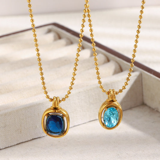 Minimalist Geometric Pendant Necklace for Women Stainless Steel with 18K Gold Plating and Mirror-Finish Blue Zircon