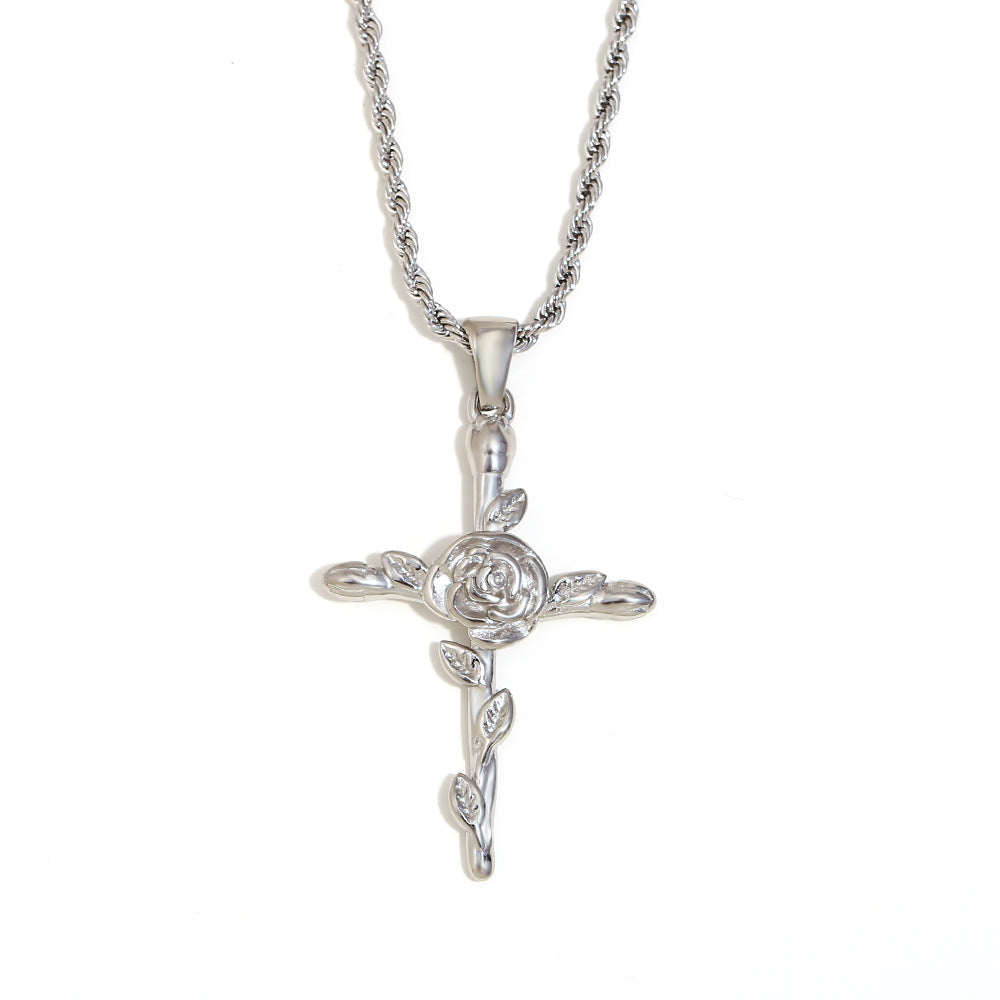 Vintage French-Style Floral Pendant Necklace in Stainless Steel with 18K Gold Plating for Women