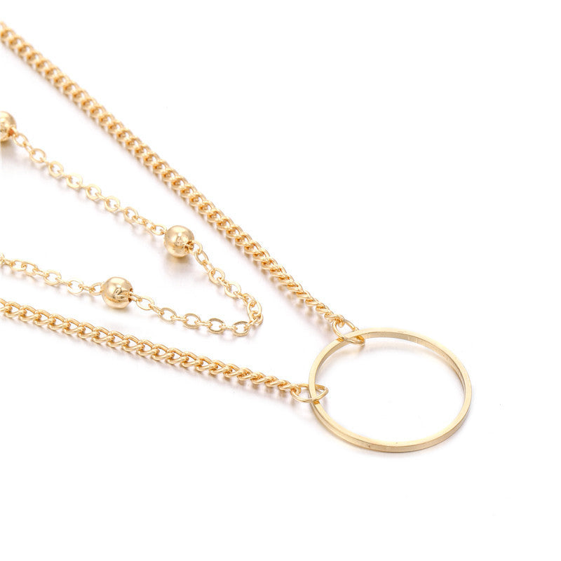 Minimalist Sweet Geometric Round Alloy Plated Pendant Double Layer Ball Chain Necklace for Women
