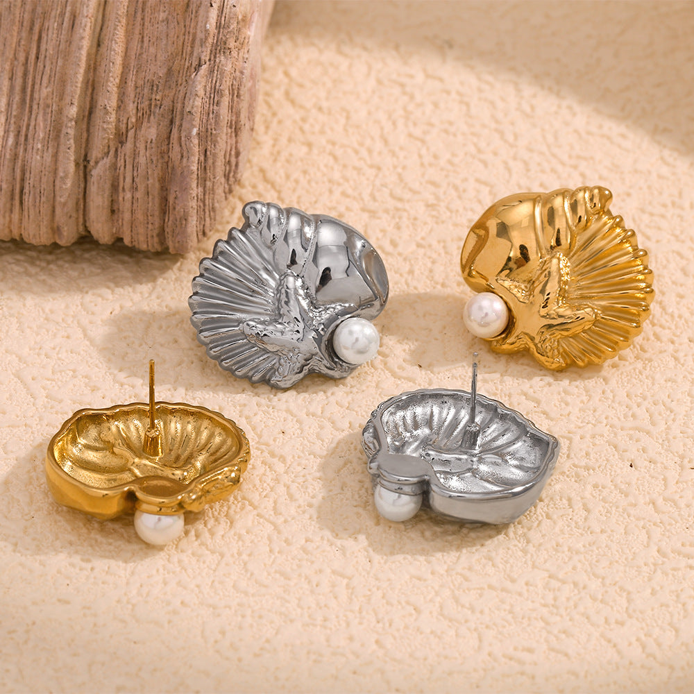 Fashionable Minimalist Geometric Stainless Steel Ear Studs with 18K Gold Plating Featuring Ocean Life Motifs for Women