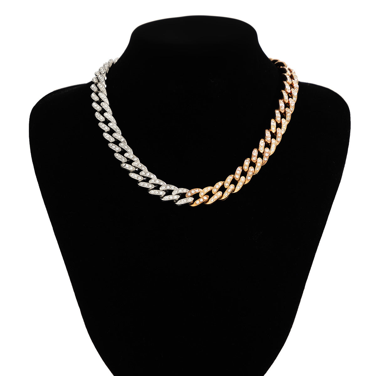Punk Geometric Cuban Link Necklace for Women Made of Alloy with Rhinestone Inlay