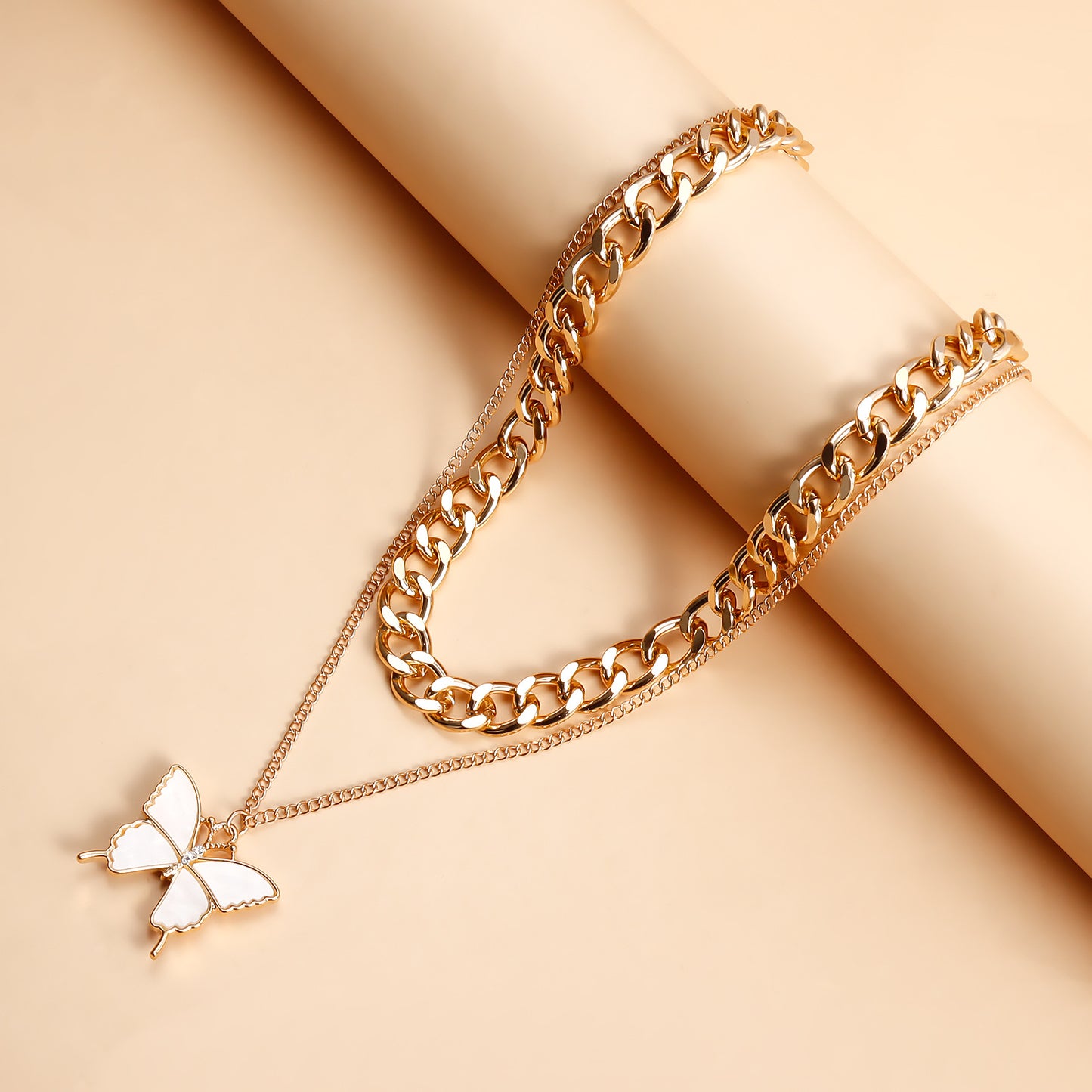 Elegant Two-Tier White Butterfly Alloy Necklace for Women with Plated Metal Finish and Clavicle Chain Style