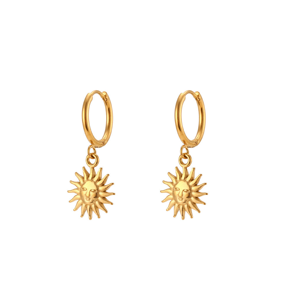 Minimalist Geometric Stainless Steel Sun Pendant Hoop Earrings for Women with Plated Finish