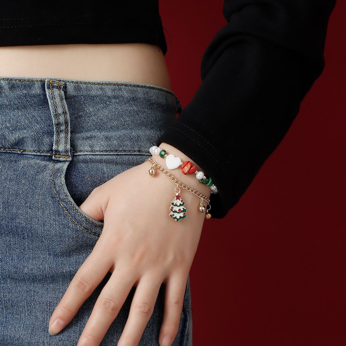 Original Design Christmas Tree and Heart Shaped Beaded Bracelet with Natural Stone and Pearl Accents, Dual-Layer Rope Bracelet with Plated Finish