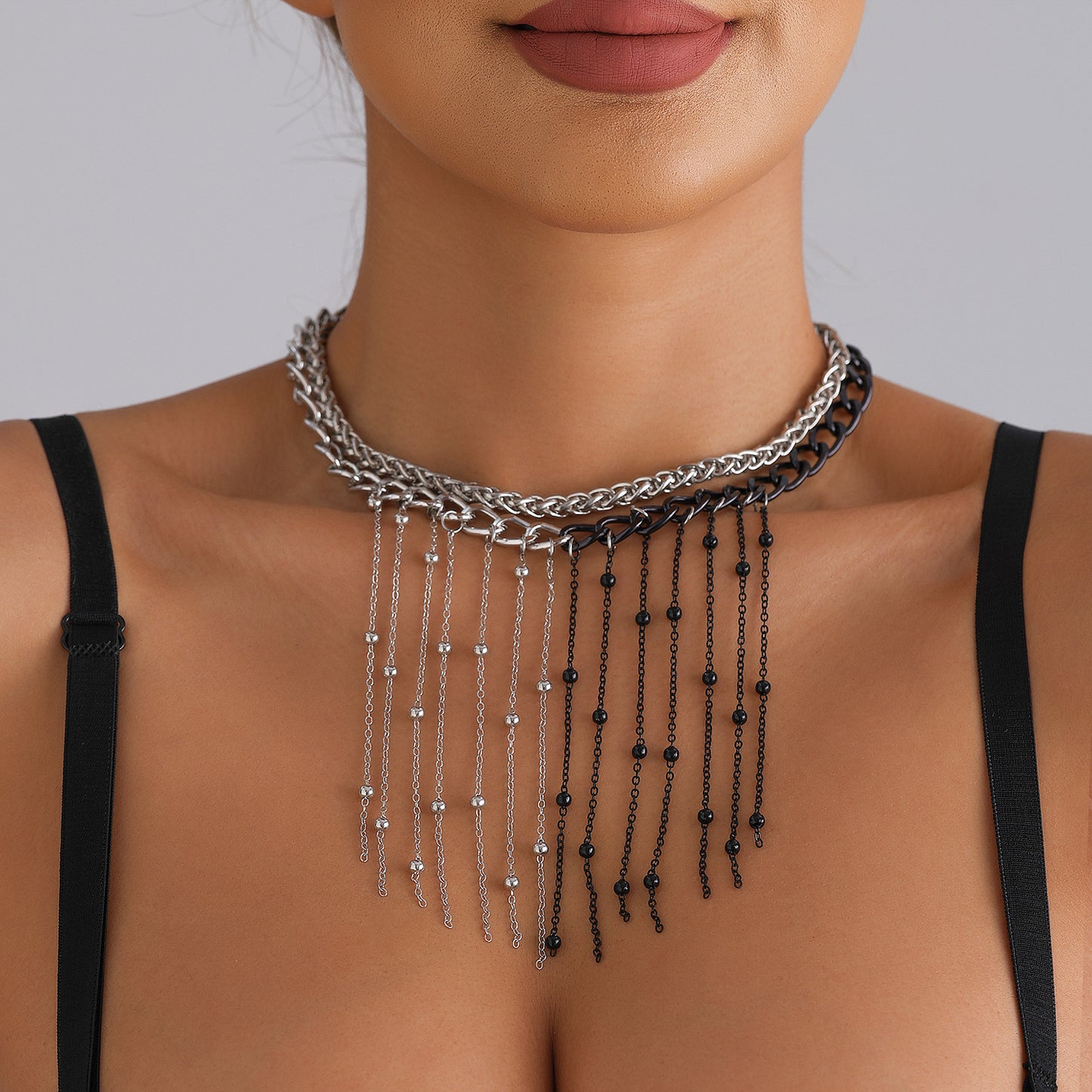 Dark Aesthetic Geometric Pendant Necklace with Tassel Detail for Women, Electroplated Metal Choker Style