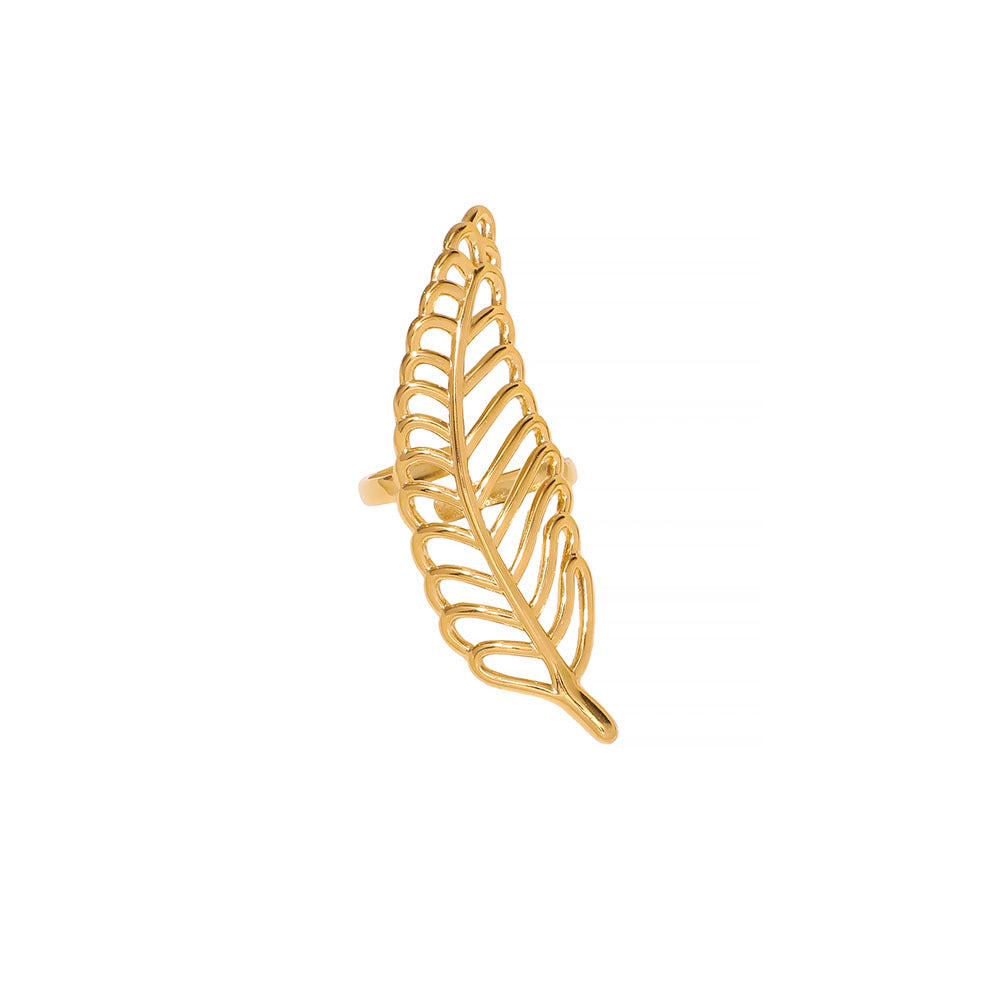 Minimalist Asymmetrical Leaf-Shaped Stainless Steel Ring with Wavy Geometric Lines and Electroplated Finish for Women and Men